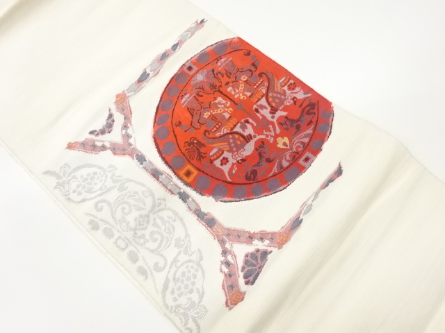 連珠文に花唐草模様織出し名古屋帯